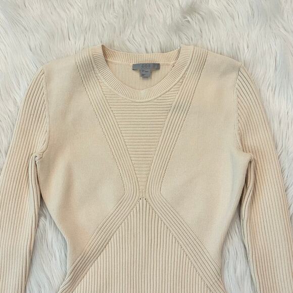 COS Ribbed Long Sleeve Bodysuit Seamless Rib Knit Fitted Top Beige Sweater - Picture 1 of 14